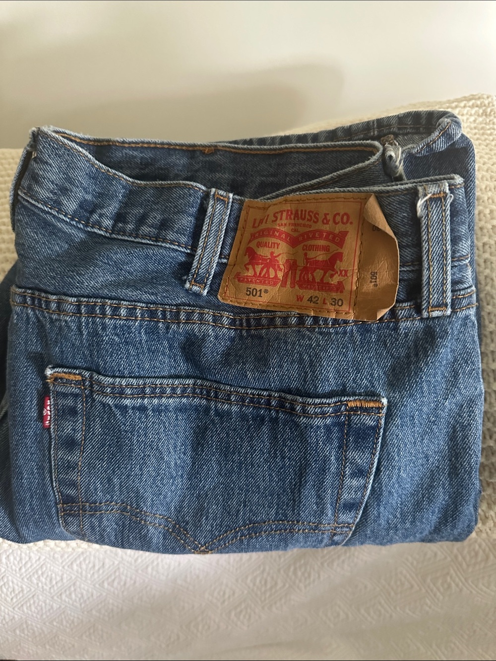 Levi's Straight Leg Blue Denim Jeans with Leather Patch